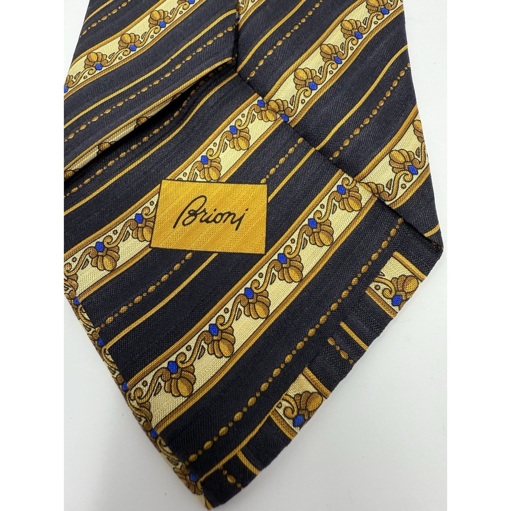 Brioni Luxury Mens Neck Tie Black Navy & Gold Striped W/Cream Blue Accents Italy - Picture 4 of 6